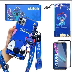 Stitch iPhone 15 Plus 6.7" Blue Phone Case with Neck & Wrist Lanyard & Keycharm